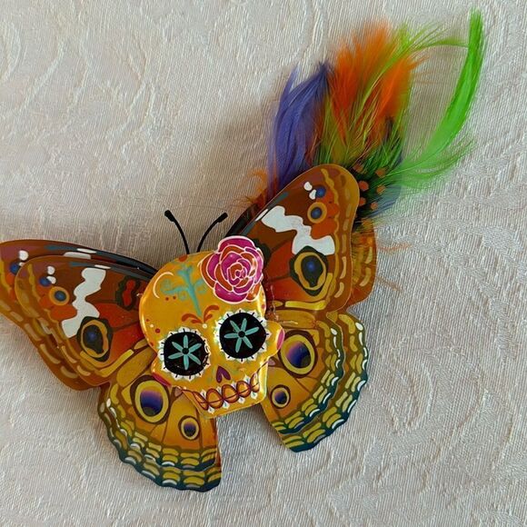 Sugar Skull Butterfly Hair Barrette Hand Crafted Halloween - Picture 1 of 10